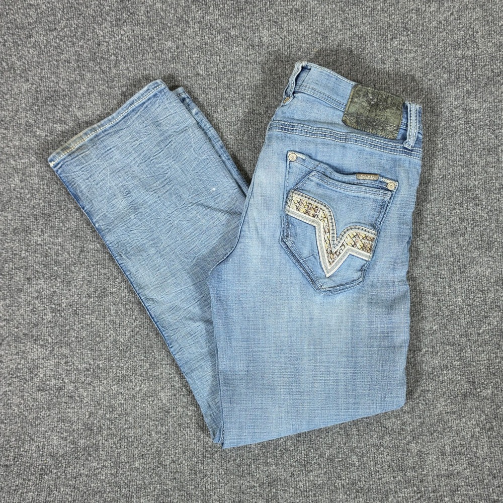 Salvage Mayhem Boot Jeans Light Wash Buckle Mens Tag 34x32 Act 32x30 FLAWS